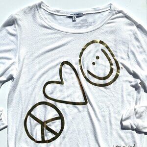 Women’s Peace Love World Long-Sleeve Comfy Pullover Tee White w/Gold Logo M/L